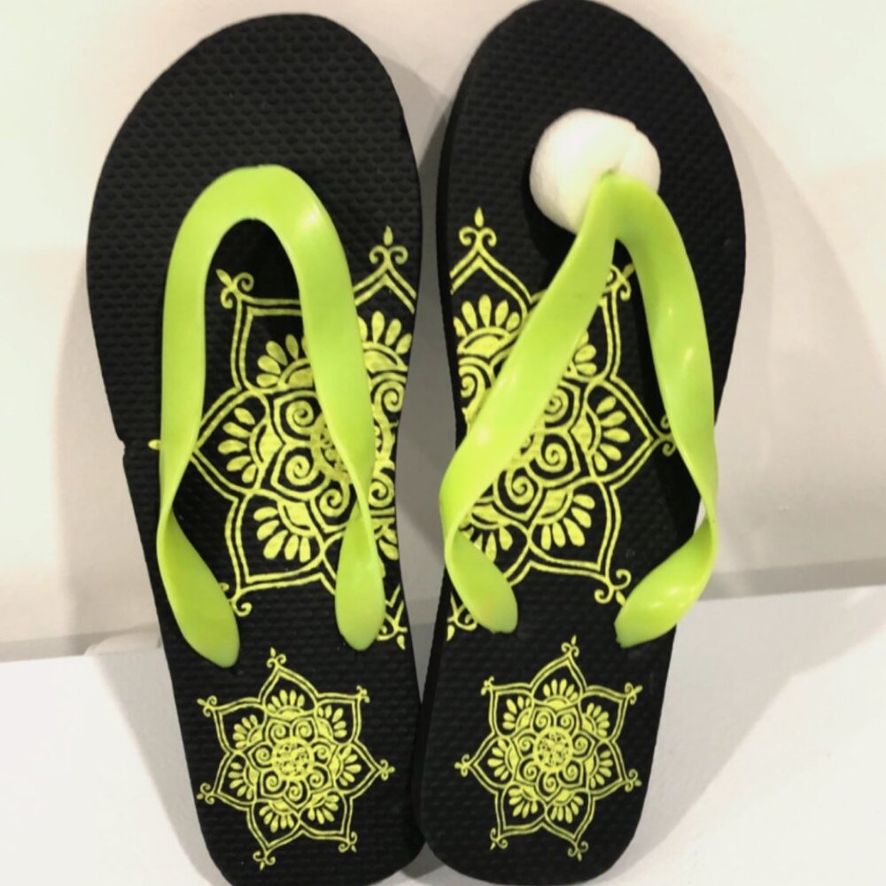 Henna Mala Design Chartreuse and Black Flip-Flops